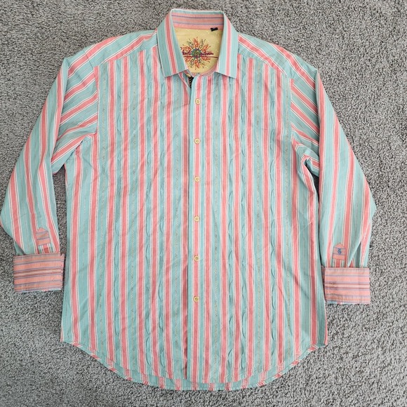 Robert Graham Shirt Mens Large Teal‎ Pink Stripe Long Sleeve Button Up Casual - Picture 1 of 13